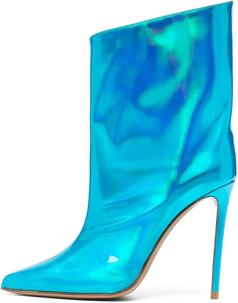Arqa Women's Metallic Leather Boots, Pointed Toe Stiletto Heel Ankle Boot Wide Calf Fall Fashion Booties