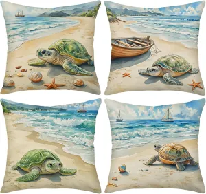Asminifor 4Pcs Nautical Ocean Pillow Covers Vintage Stripe Dark Wood Design Marine Animals Fish Shells Starfish Coral Sea Urchins Cotton Linen Pillowcase Home Sofa Cushion Cover 18”x18” (NO-Ocean)