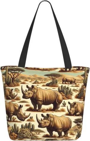 Augenstern Women Shoulder Bag Endangered-Rhino-Yellow-Desert Foldable Tote Bag With Zipper Closure Casual Shopping Purse Daily Bag