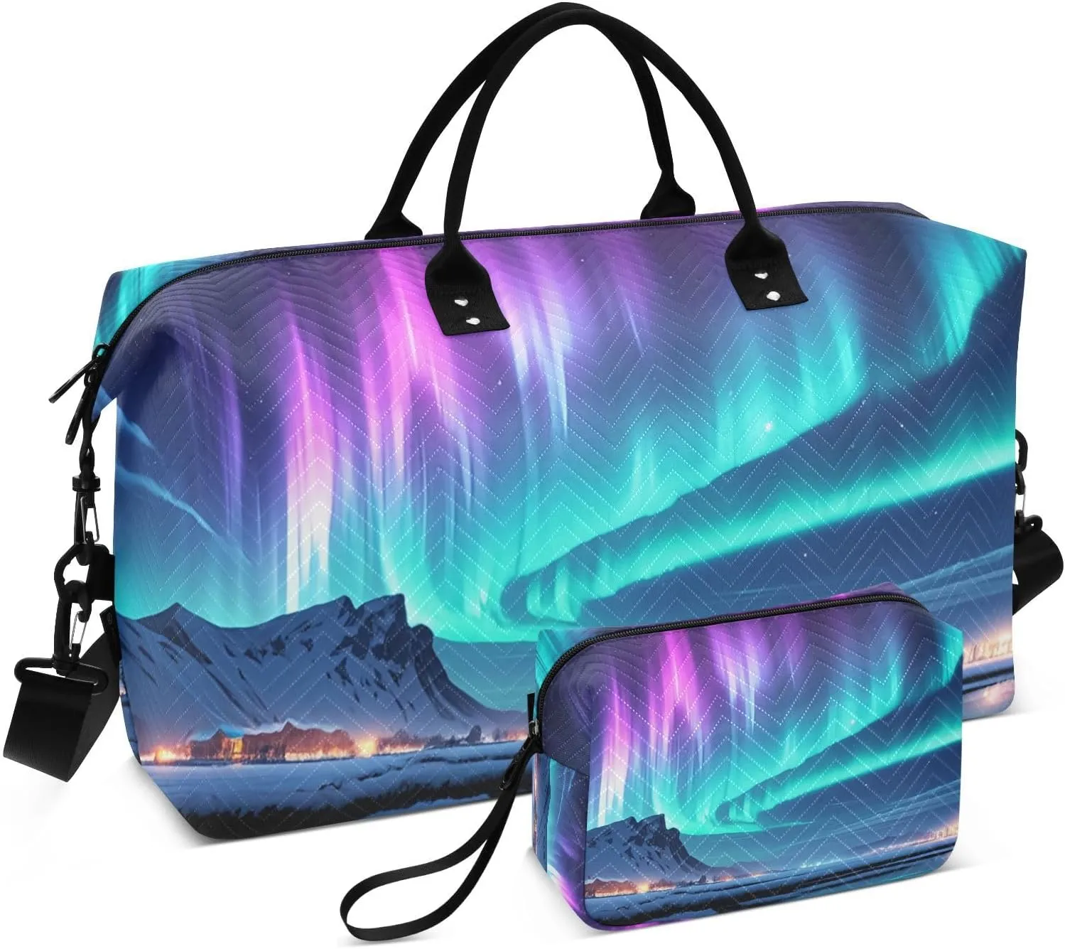 Aurora Snowy Village Blue Green Travel Duffel Bag with Toiletry Bag Weekender Bag for Carry on Sports Gym Bag for Maternity Mommy Hospital