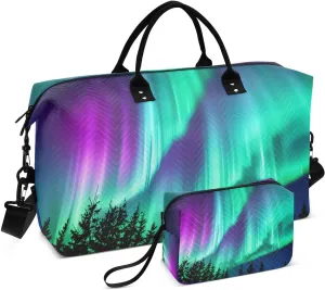 Aurora Trees Stars Blue Travel Duffel Bag with Toiletry Bag Weekender Bag for Carry on Sports Gym Bag for Airlines Traveling