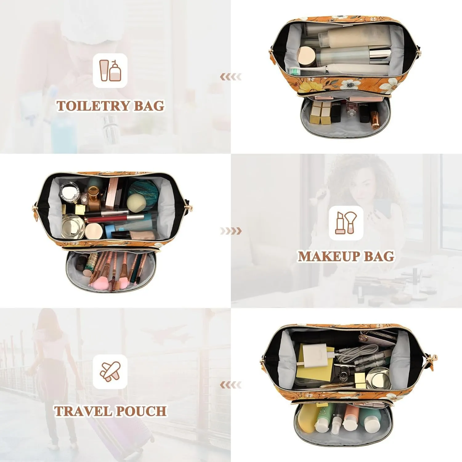 Autumn Daffodil Anemone Orange Cosmetics Bag Zipper Capacity Travel Cosmetic Bag Women Cash Wallet for Travel Bathroom