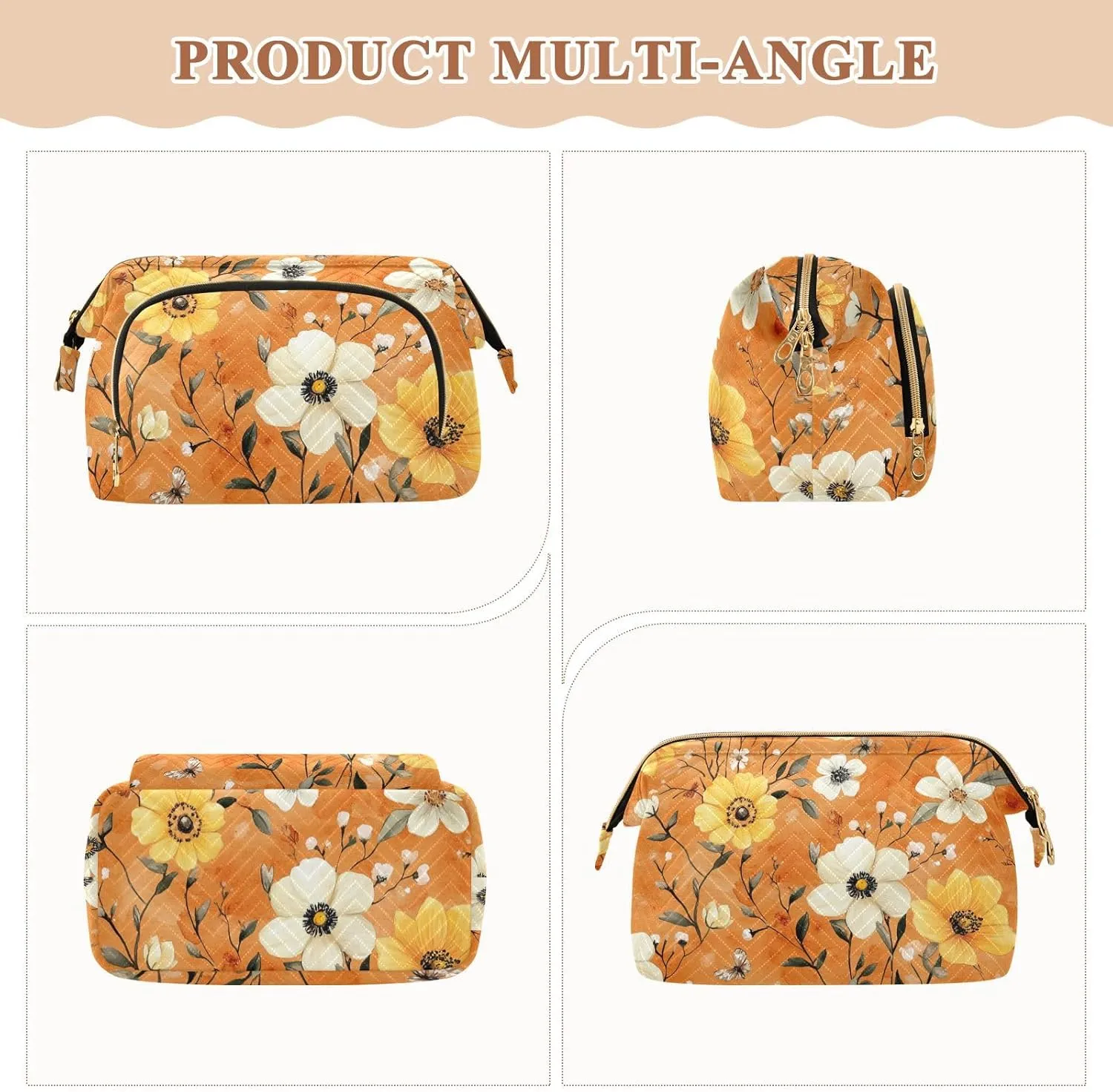 Autumn Daffodil Anemone Orange Cosmetics Bag Zipper Capacity Travel Cosmetic Bag Women Cash Wallet for Travel Bathroom