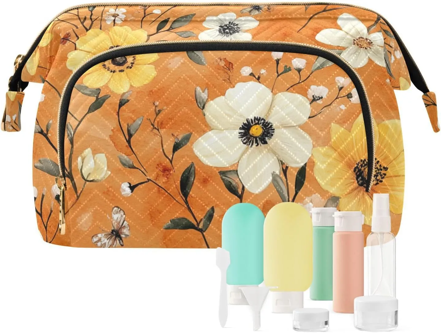 Autumn Daffodil Anemone Orange Cosmetics Bag Zipper Capacity Travel Cosmetic Bag Women Cash Wallet for Travel Bathroom