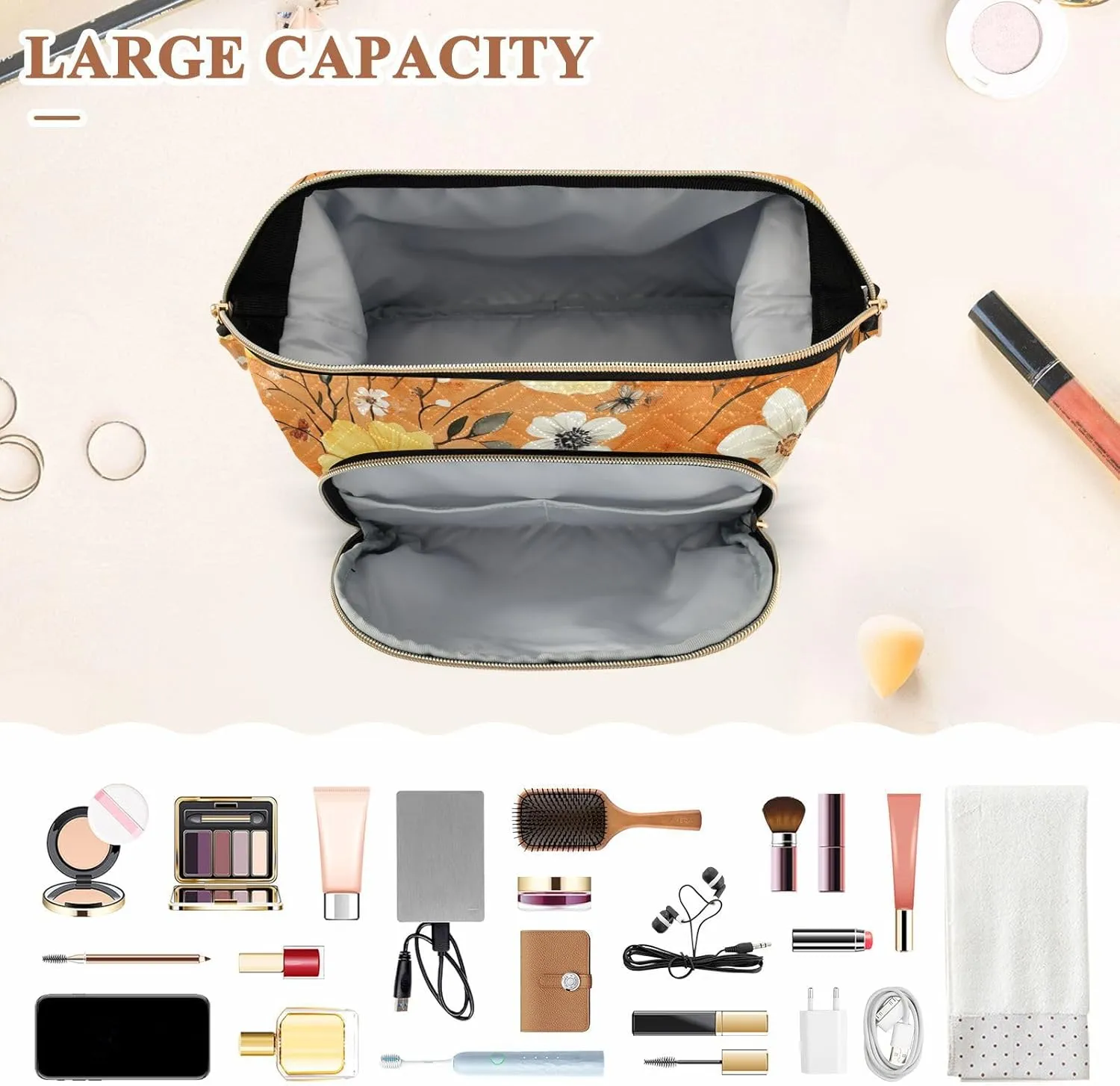 Autumn Daffodil Anemone Orange Cosmetics Bag Zipper Capacity Travel Cosmetic Bag Women Cash Wallet for Travel Bathroom