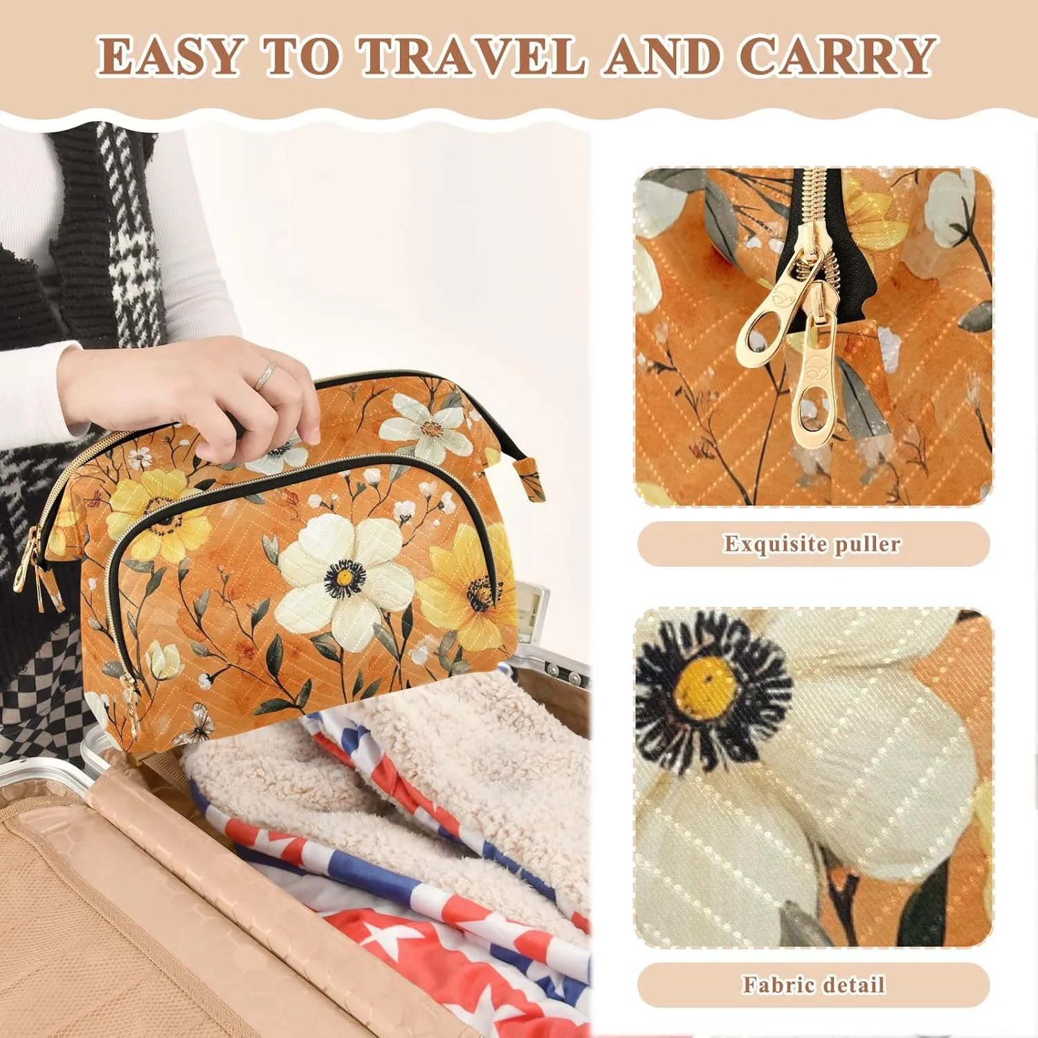 Autumn Daffodil Anemone Orange Cosmetics Bag Zipper Capacity Travel Cosmetic Bag Women Cash Wallet for Travel Bathroom