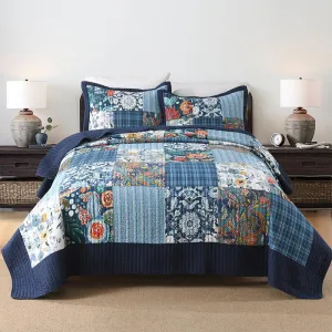 Autumn Dream Cotton Bedspread Quilt Sets Reversible Bedding Coverlet Sets, Luxury Vintage Paisley Floral Patchwork Blue Bedspread, Queen Size