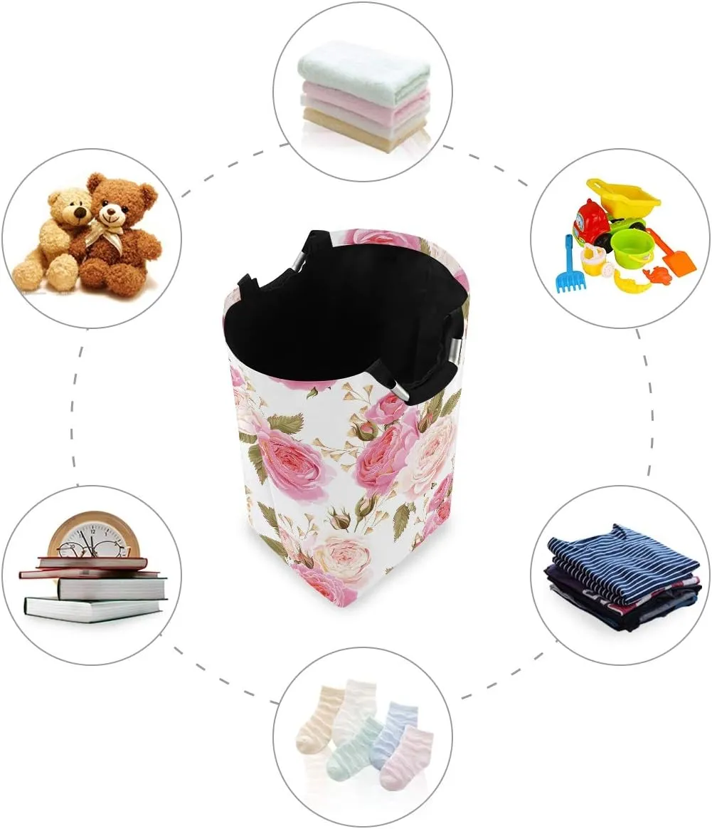 AUUXVA Laundry Hamper, Floral Flower Rose Pink Laundry Basket Washing Clothes Hamper Collapsible Storage Bin Foldable Shopping Bag Toy Book Holder