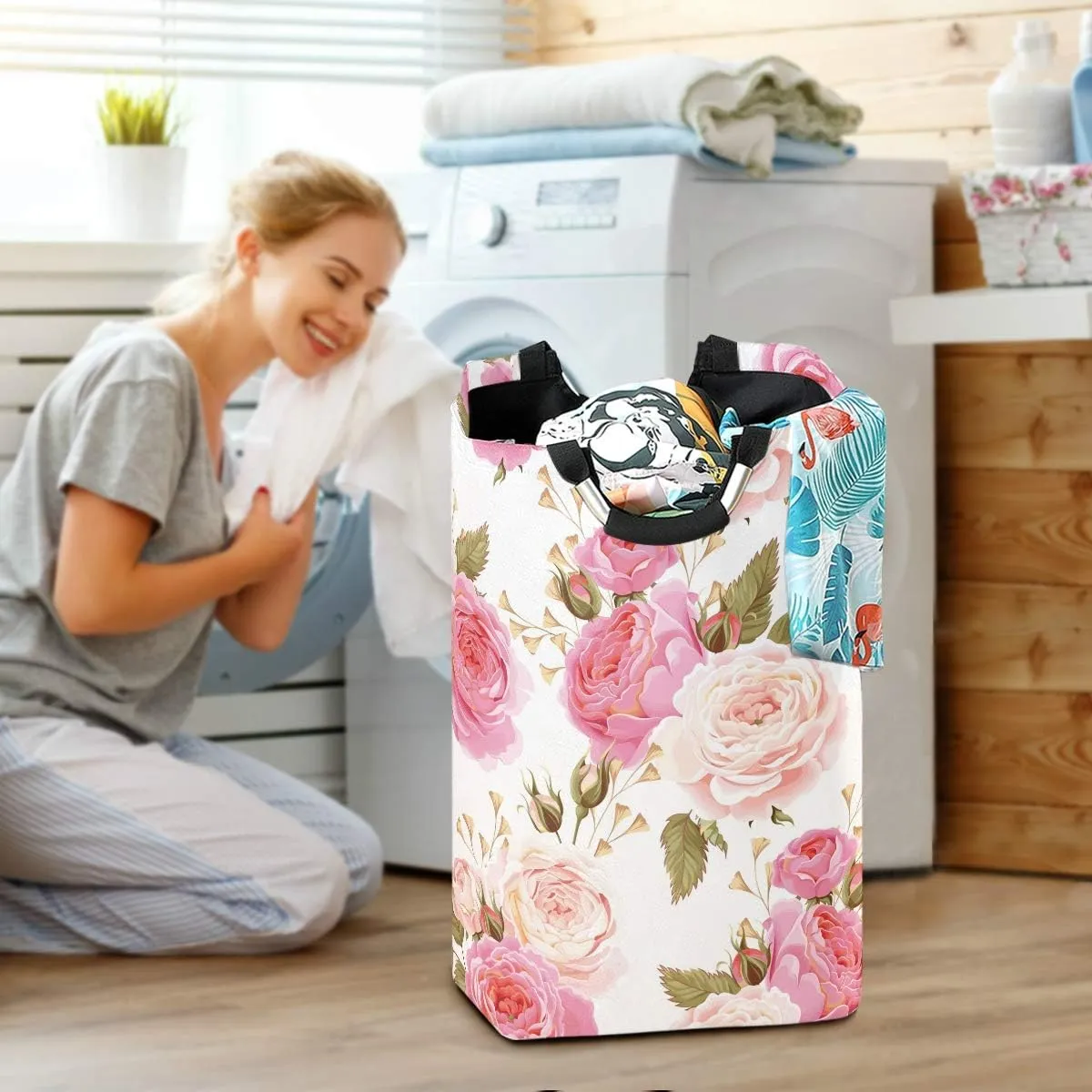 AUUXVA Laundry Hamper, Floral Flower Rose Pink Laundry Basket Washing Clothes Hamper Collapsible Storage Bin Foldable Shopping Bag Toy Book Holder
