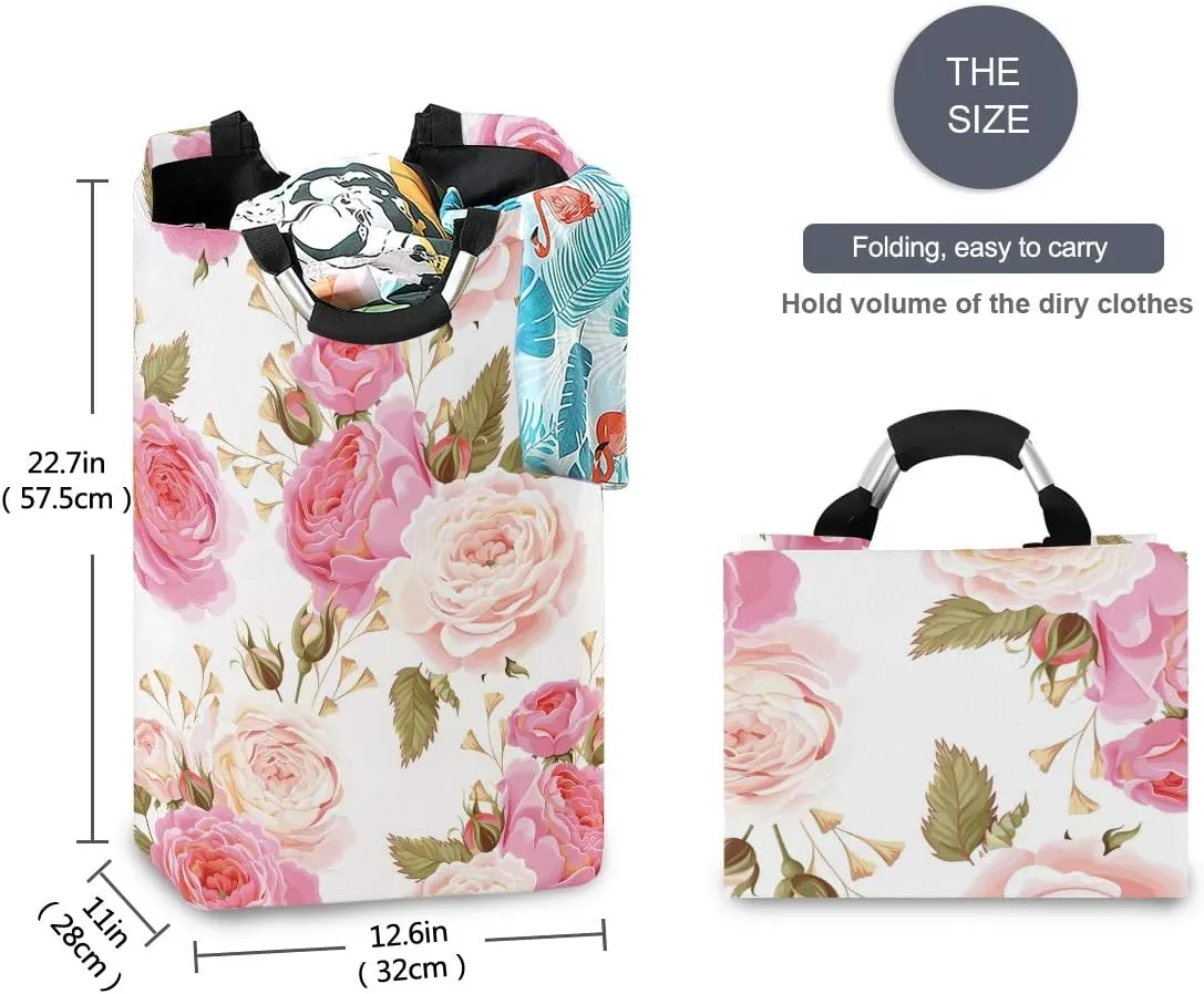 AUUXVA Laundry Hamper, Floral Flower Rose Pink Laundry Basket Washing Clothes Hamper Collapsible Storage Bin Foldable Shopping Bag Toy Book Holder