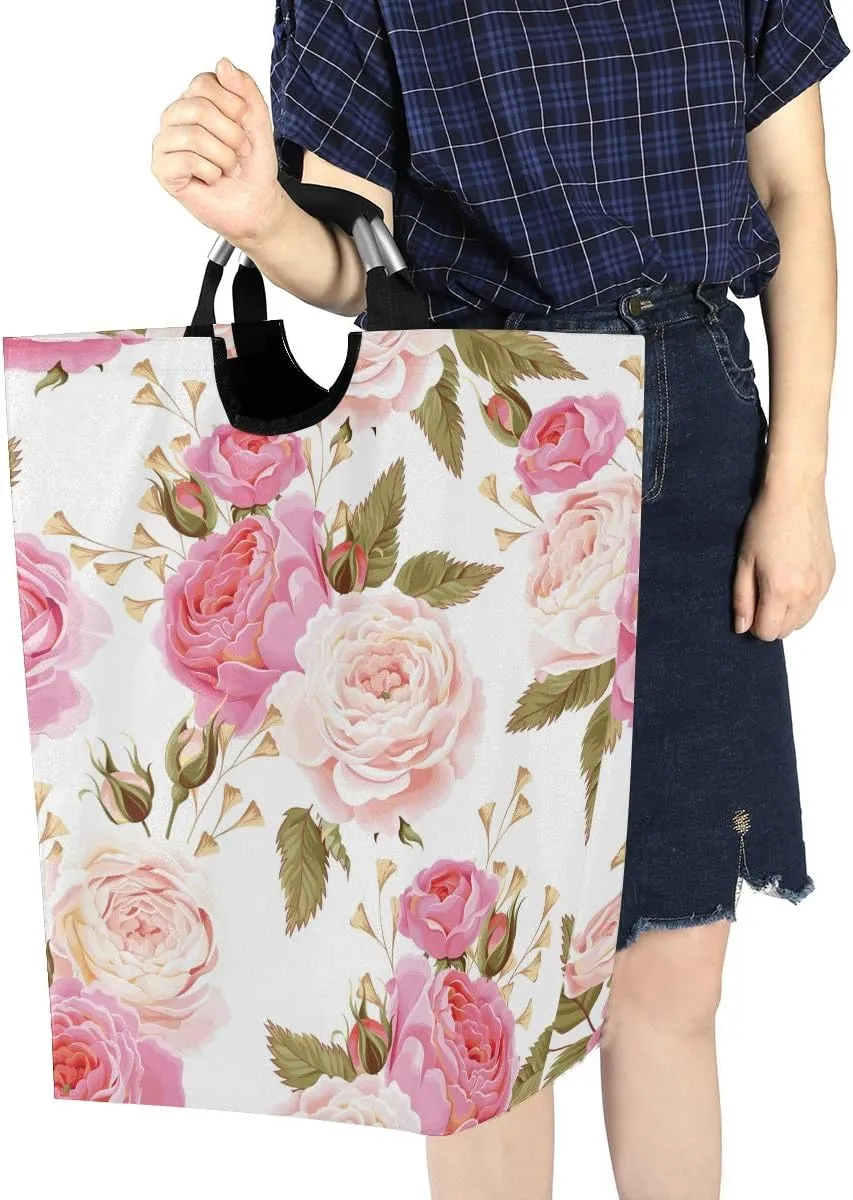 AUUXVA Laundry Hamper, Floral Flower Rose Pink Laundry Basket Washing Clothes Hamper Collapsible Storage Bin Foldable Shopping Bag Toy Book Holder