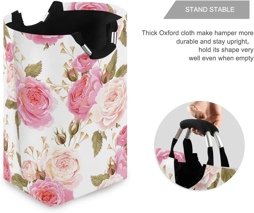 AUUXVA Laundry Hamper, Floral Flower Rose Pink Laundry Basket Washing Clothes Hamper Collapsible Storage Bin Foldable Shopping Bag Toy Book Holder