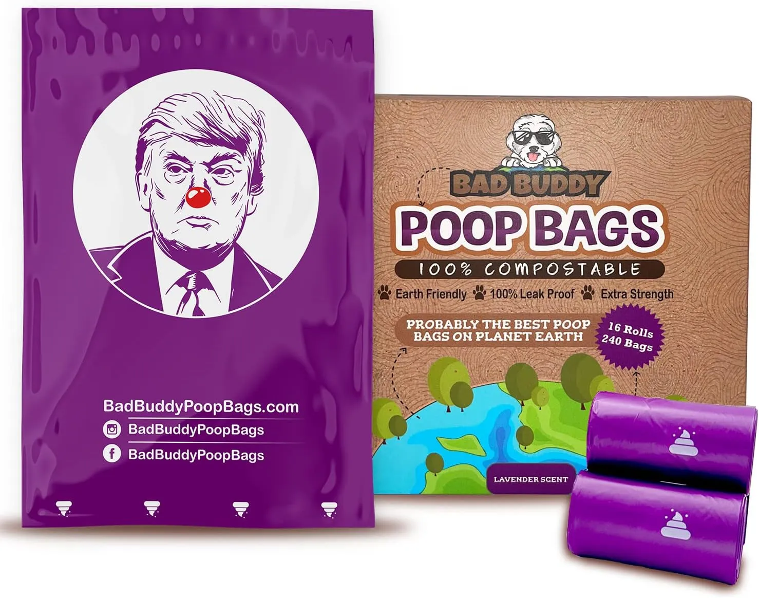 BAD BUDDY Compostable Dog Poop Bags, 240 Refill Bags, 100% Earth Friendly, Extra Thick, Leak Proof, Lavender Scented Dog Waste Bag, TRUMP CLOWN