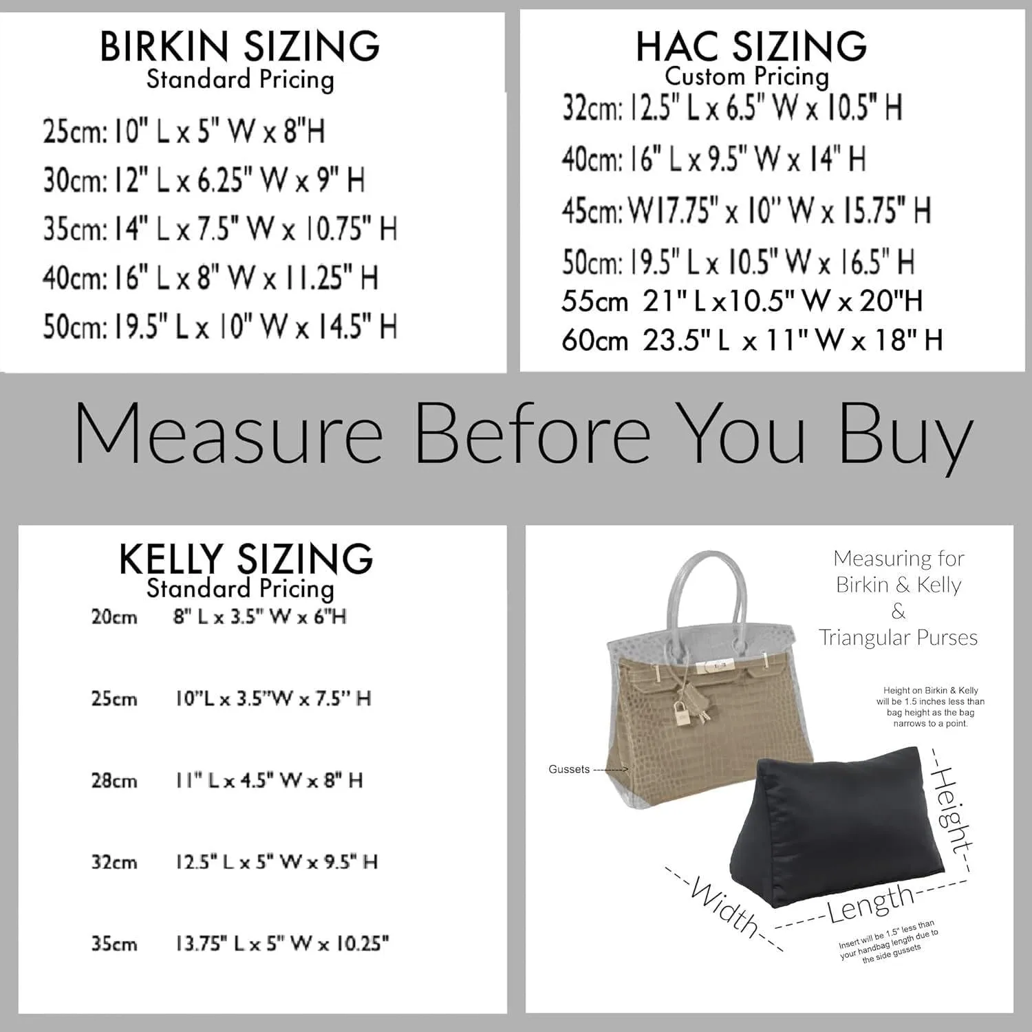 Bag Fillers for Kelly and Birkin Handbags | Triangle Purse Insert Pillows | Cushioned Shaper Inserts