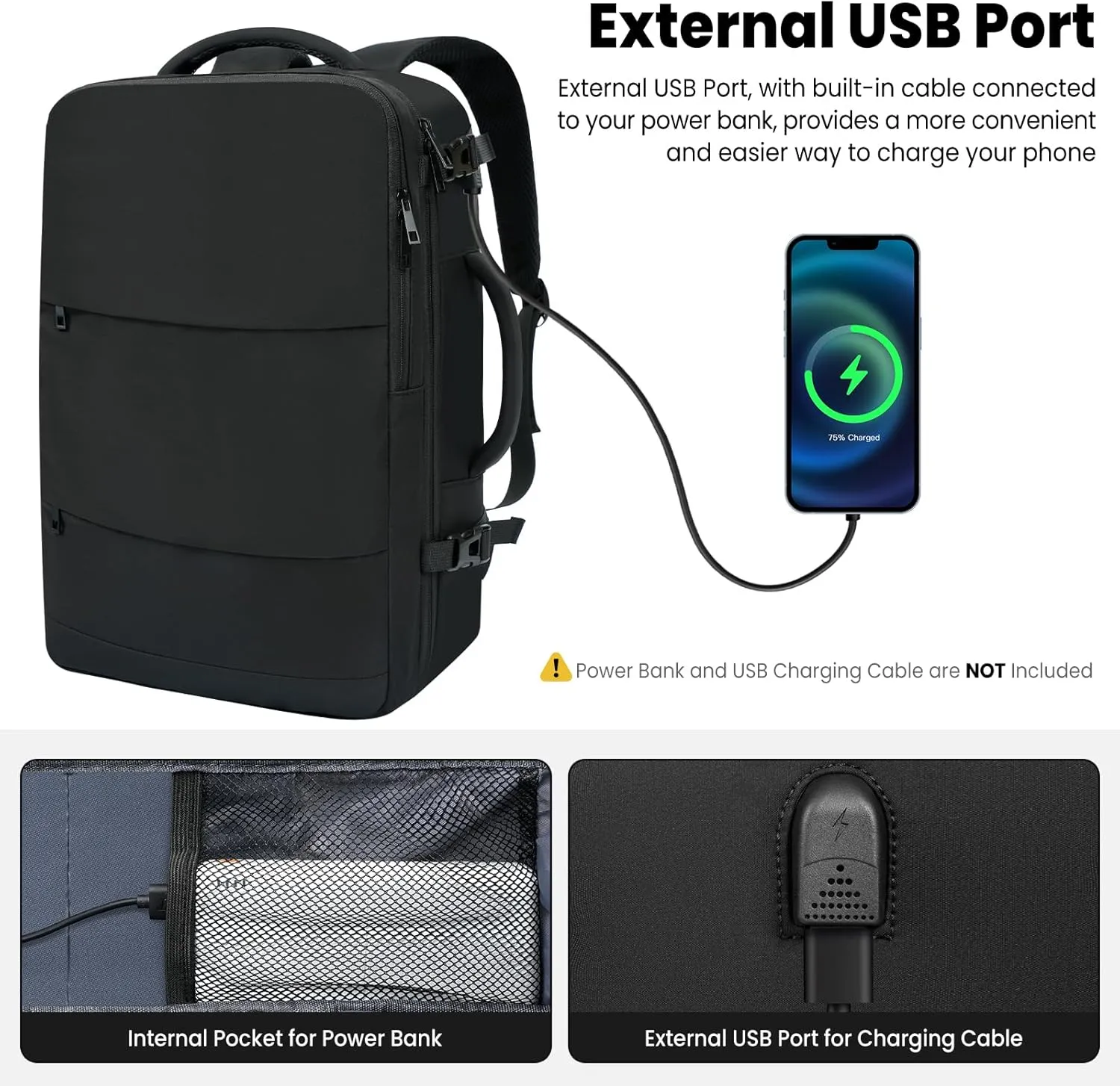 BAGAIL Travel Laptop Backpack, Carry on with USB Port, Luggage Bag for Holiday-Black