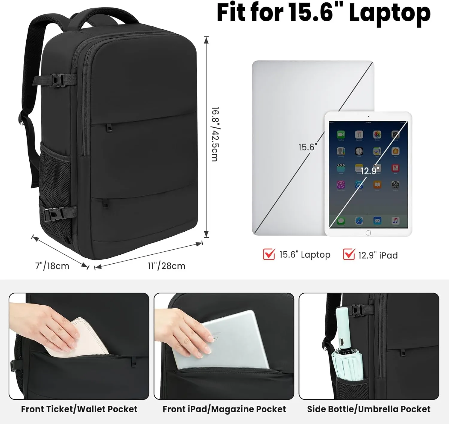 BAGAIL Travel Laptop Backpack, Carry on with USB Port, Luggage Bag for Holiday-Black