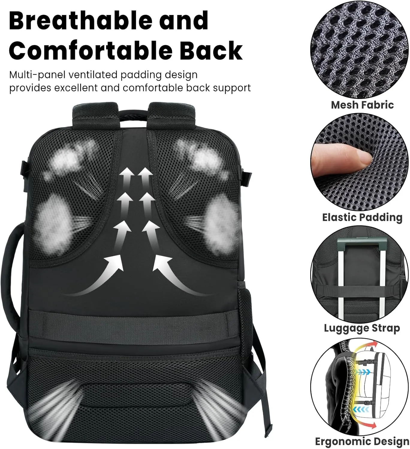 BAGAIL Travel Laptop Backpack, Carry on with USB Port, Luggage Bag for Holiday-Black