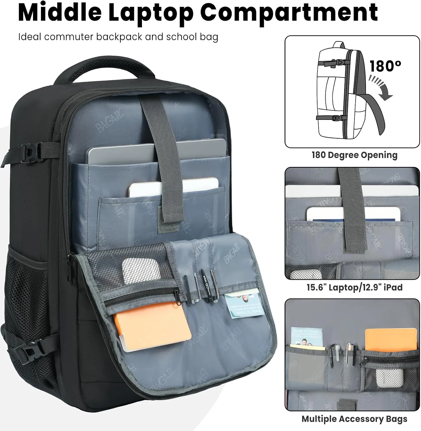 BAGAIL Travel Laptop Backpack, Carry on with USB Port, Luggage Bag for Holiday-Black