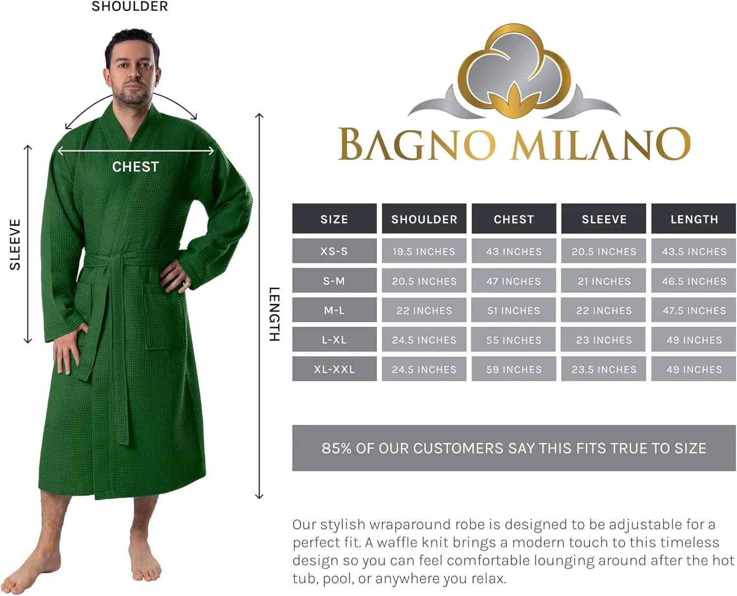 BAGNO MILANO Organic Men Bathrobe, GOTS Certified Organic Turkish Cotton Luxury Kimono Robe, Made in Turkey