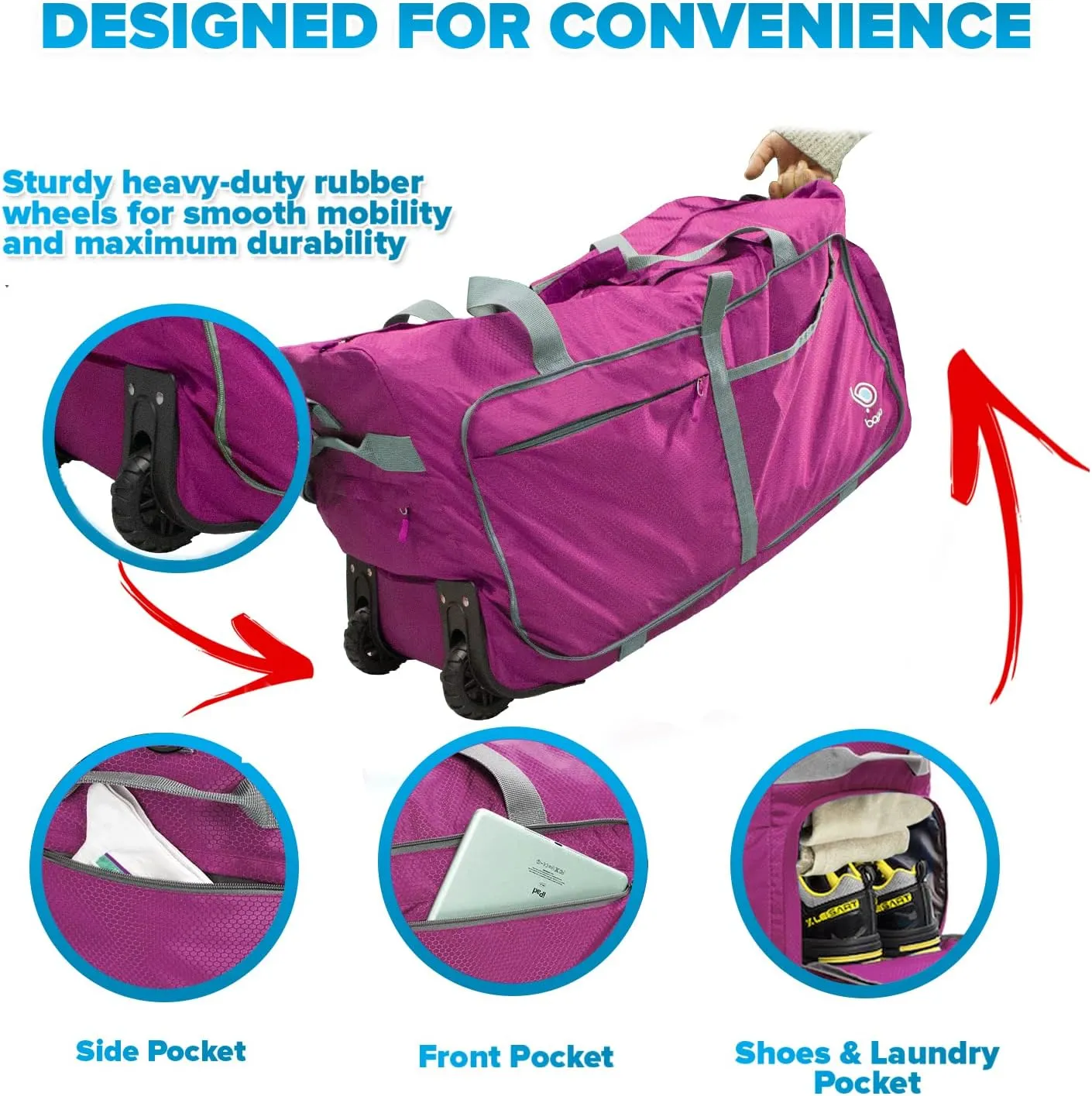 Bago Rolling Duffle Bag with Wheels - 30" 100L Foldable Weekender Bag, Waterproof Travel Duffel Bag, Heavy Duty lightWeight Duffle Bag for Traveling, Rolling Duffel Bag with Wheels (Pink2023)