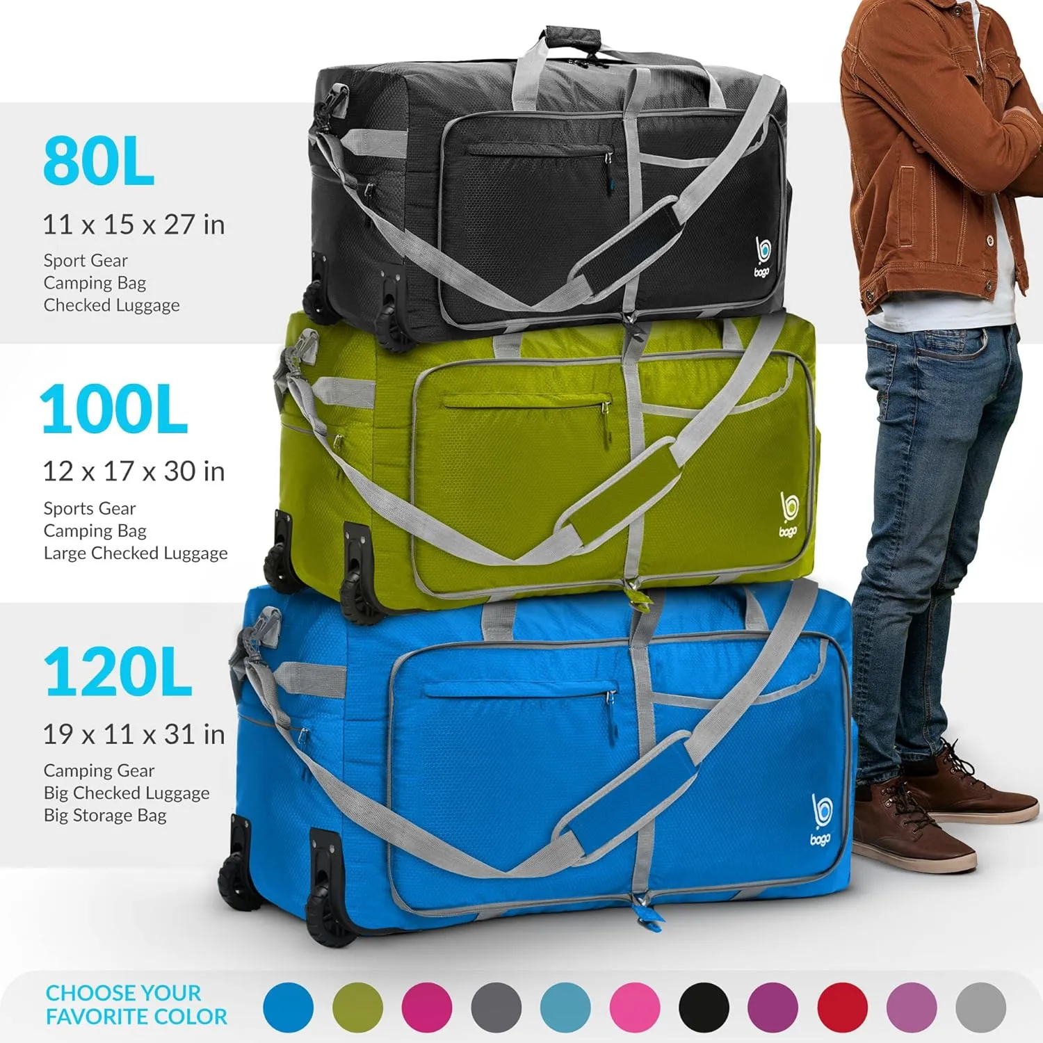 Bago Rolling Duffle Bag with Wheels - 30" 100L Foldable Weekender Bag, Waterproof Travel Duffel Bag, Heavy Duty lightWeight Duffle Bag for Traveling, Rolling Duffel Bag with Wheels (Pink2023)