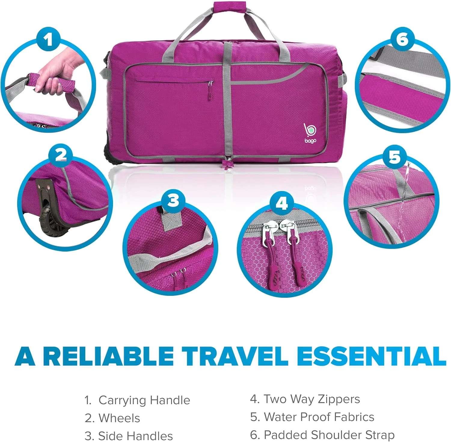 Bago Rolling Duffle Bag with Wheels - 30" 100L Foldable Weekender Bag, Waterproof Travel Duffel Bag, Heavy Duty lightWeight Duffle Bag for Traveling, Rolling Duffel Bag with Wheels (Pink2023)