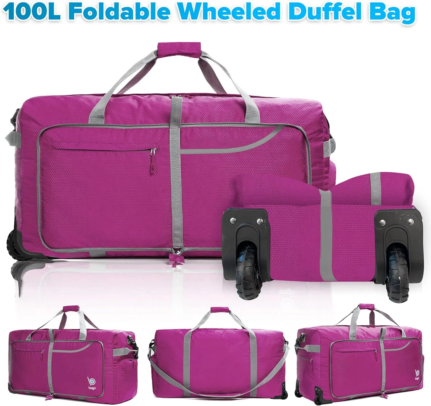 Bago Rolling Duffle Bag with Wheels - 30" 100L Foldable Weekender Bag, Waterproof Travel Duffel Bag, Heavy Duty lightWeight Duffle Bag for Traveling, Rolling Duffel Bag with Wheels (Pink2023)