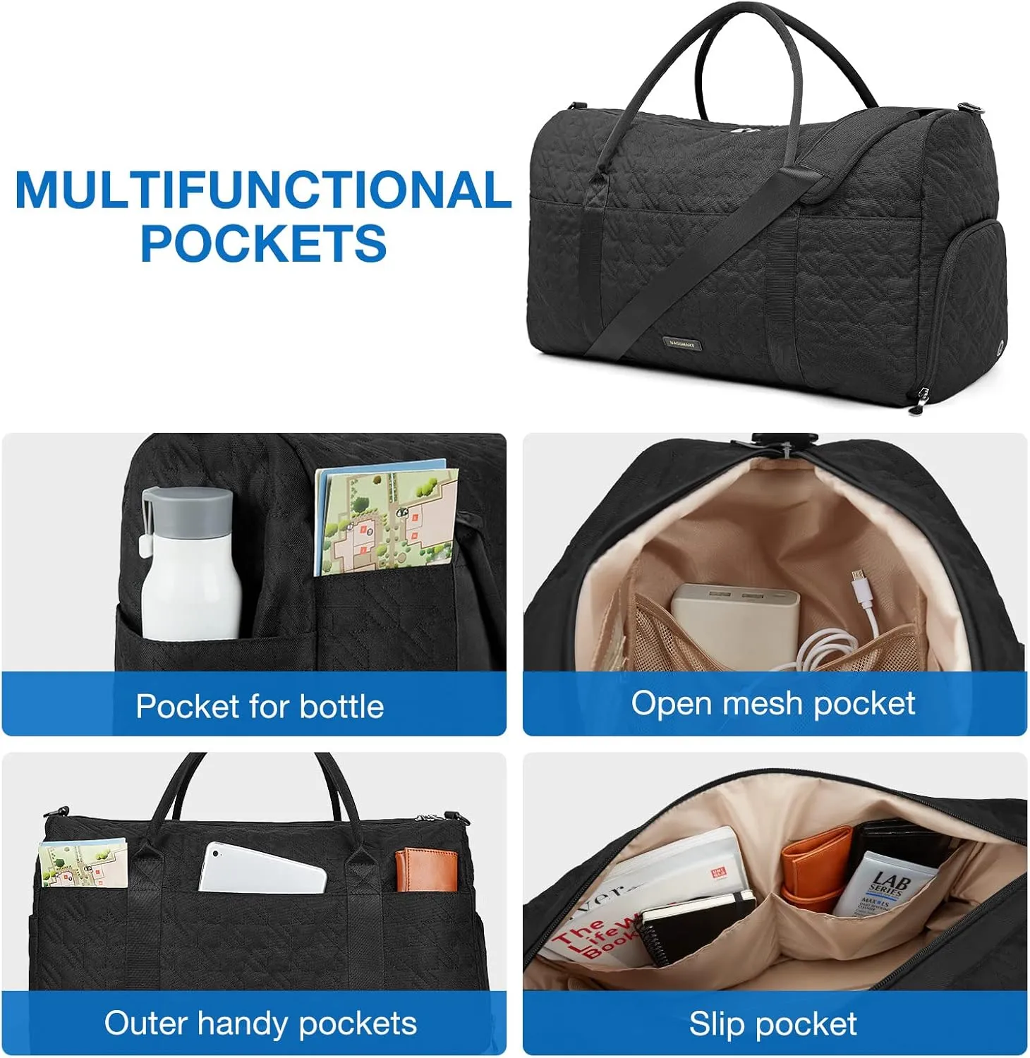 BAGSMART Black 40L Travel Duffle Bag with Shoes Compartment, Carry On Weekender Overnight Bag for Men Women