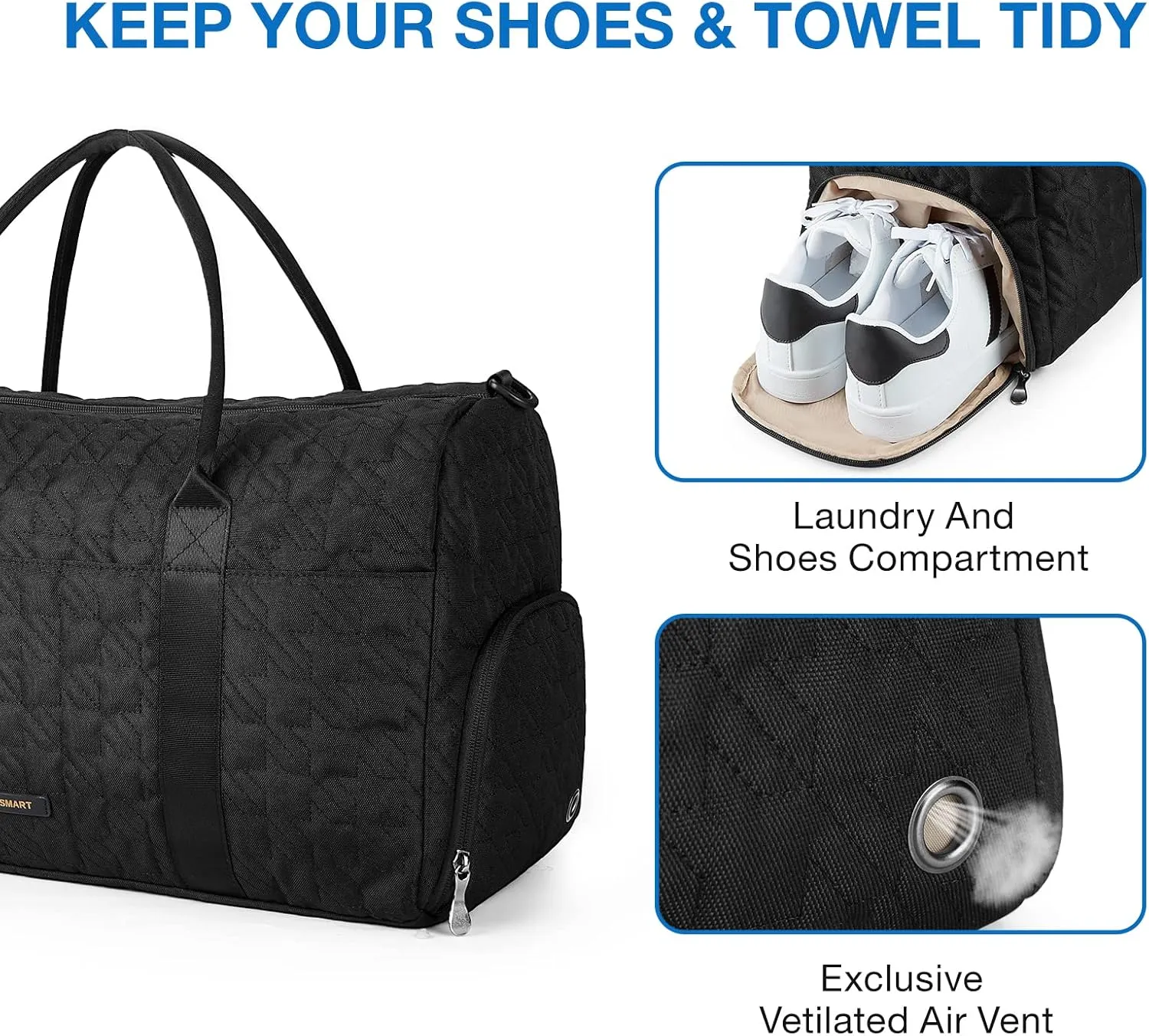 BAGSMART Black 40L Travel Duffle Bag with Shoes Compartment, Carry On Weekender Overnight Bag for Men Women