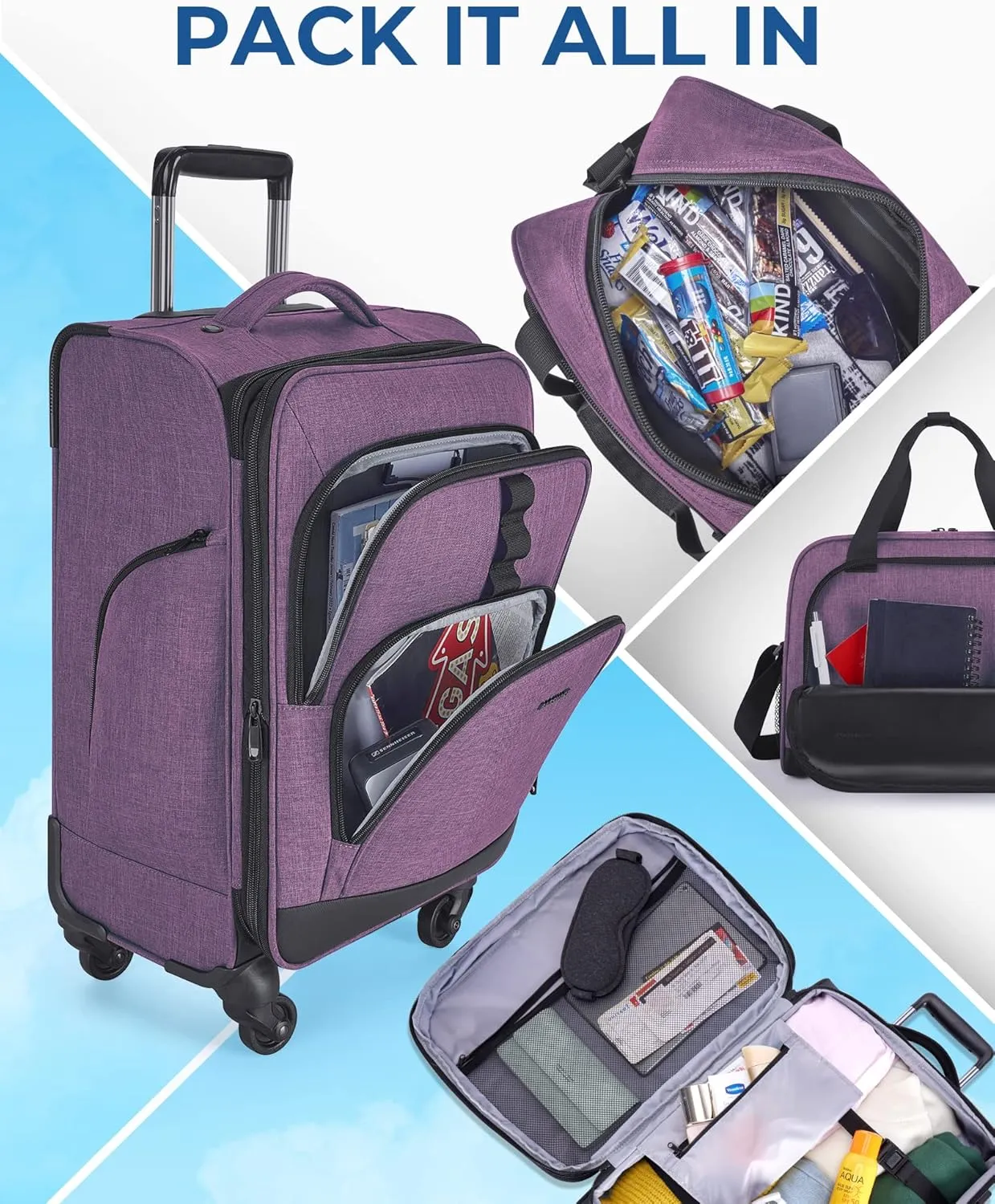 BAGSMART Expandable 20 inch Carry on Luggage Airline Approved, Lightweight Carry on Suitcase with Spinner Wheels, Family Travel Suitcase Set with Duffle Bag - Purple