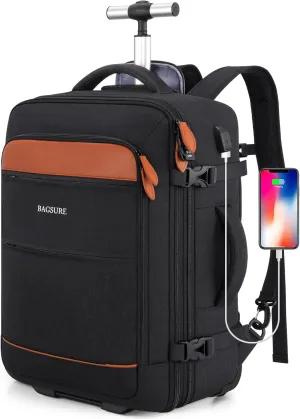 Bagsure Rolling Backpack for Men and Women, Travel Backpack with Wheels, 17.3 Inch Carry-On Laptop Backpack for Business and Work, Large Capacity Rolling