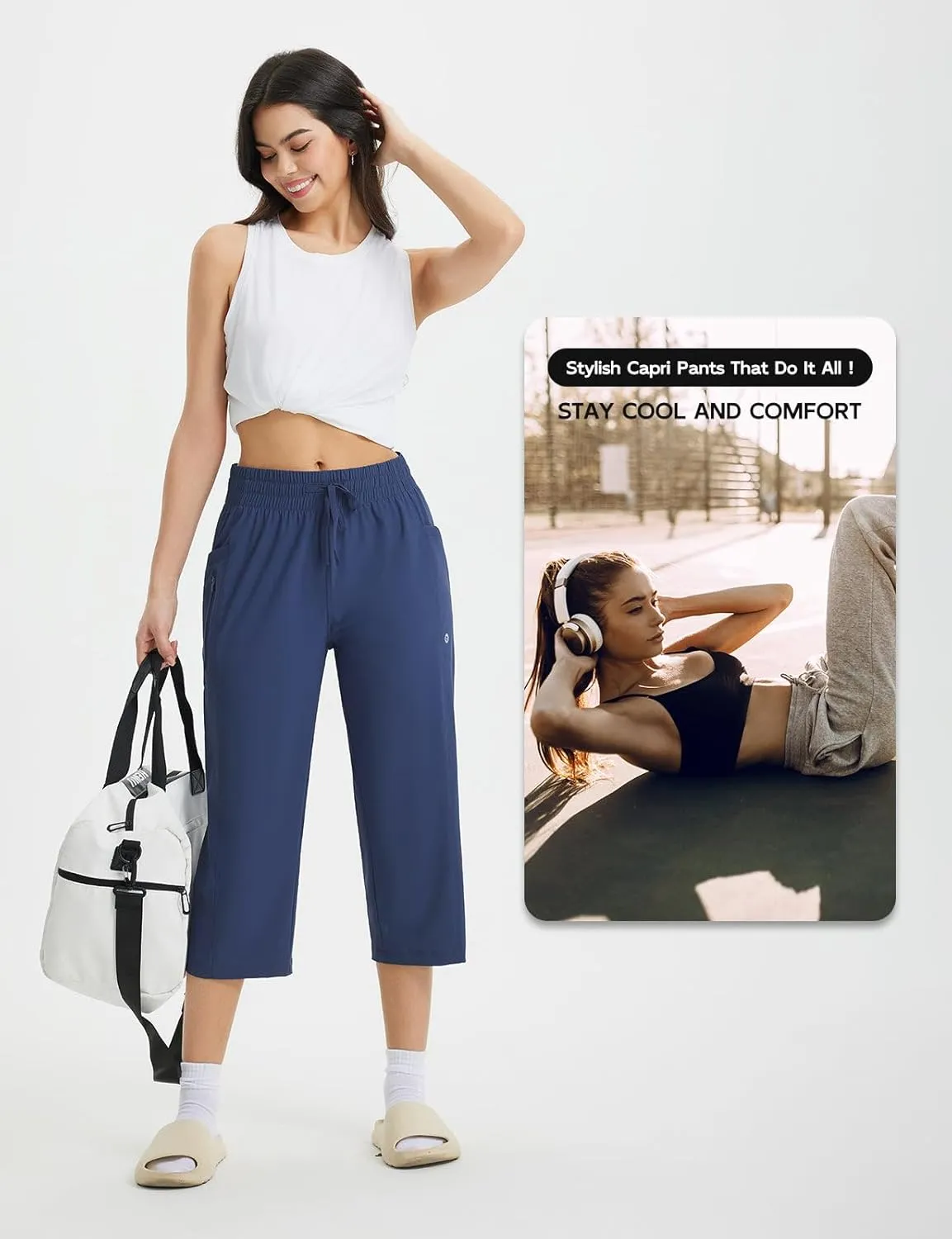 baleaf Women's Athletic Capri Pants Lightweight Quick Dry Stretch Zipper Pocket Travel Casual Outdoor UPF 50 