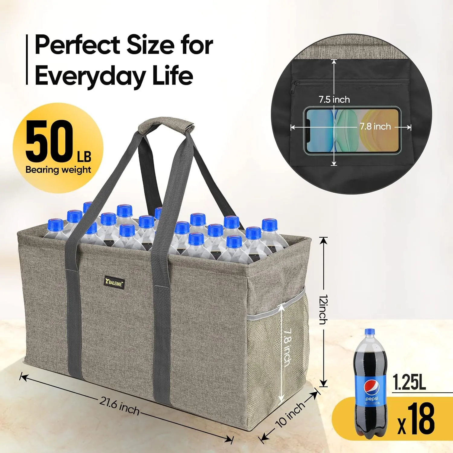 BALEINE Extra Large Utility Tote Bag with Wire Frame for Storage (Beige, 22''x12''x10'')