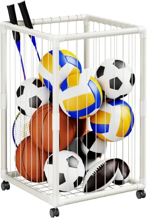 Ball Storage Rack for Garage – Large Capacity Basketball Organizer with Lockable Wheels – Rolling Outdoor Sports Ball Bin for Soccer Football Volleyball