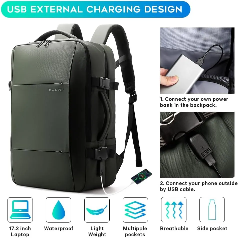 BANGE Laptop Travel Backpack for 17inch,Carry On Backpacks With Personal Item Size,Waterproof Business Work Hiking Casual Bag