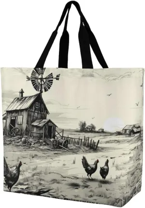 Barn Farmhouse Chick Animals Shoulder Bag Large Capacity Shopping Bag Washable Grocery Bag Handbag for Women Men