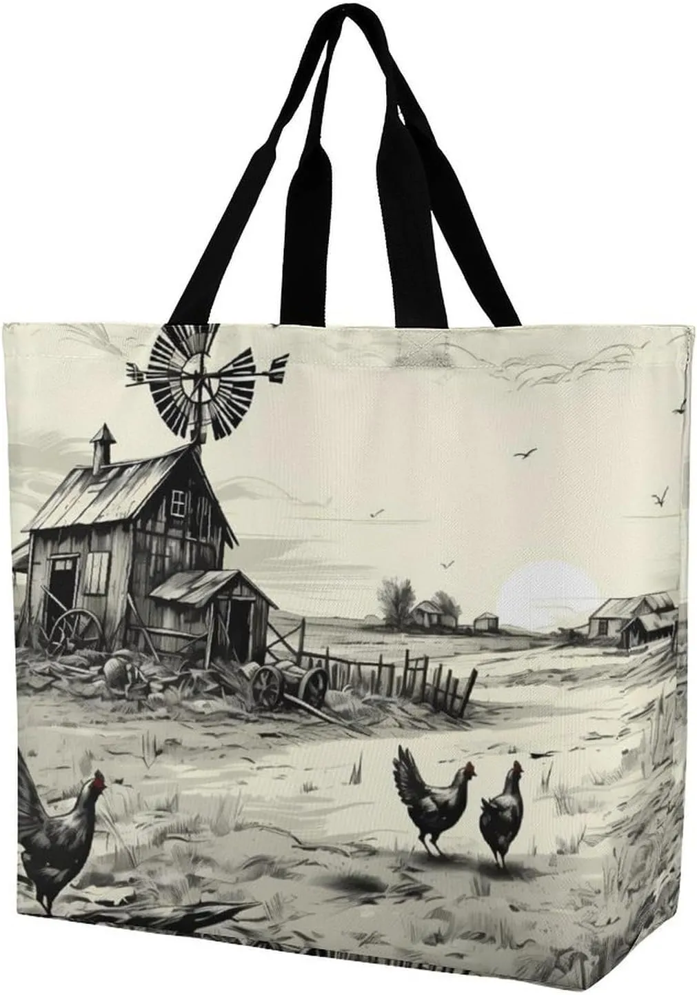 Barn Farmhouse Chick Animals Shoulder Bag Large Capacity Shopping Bag Washable Grocery Bag Handbag for Women Men