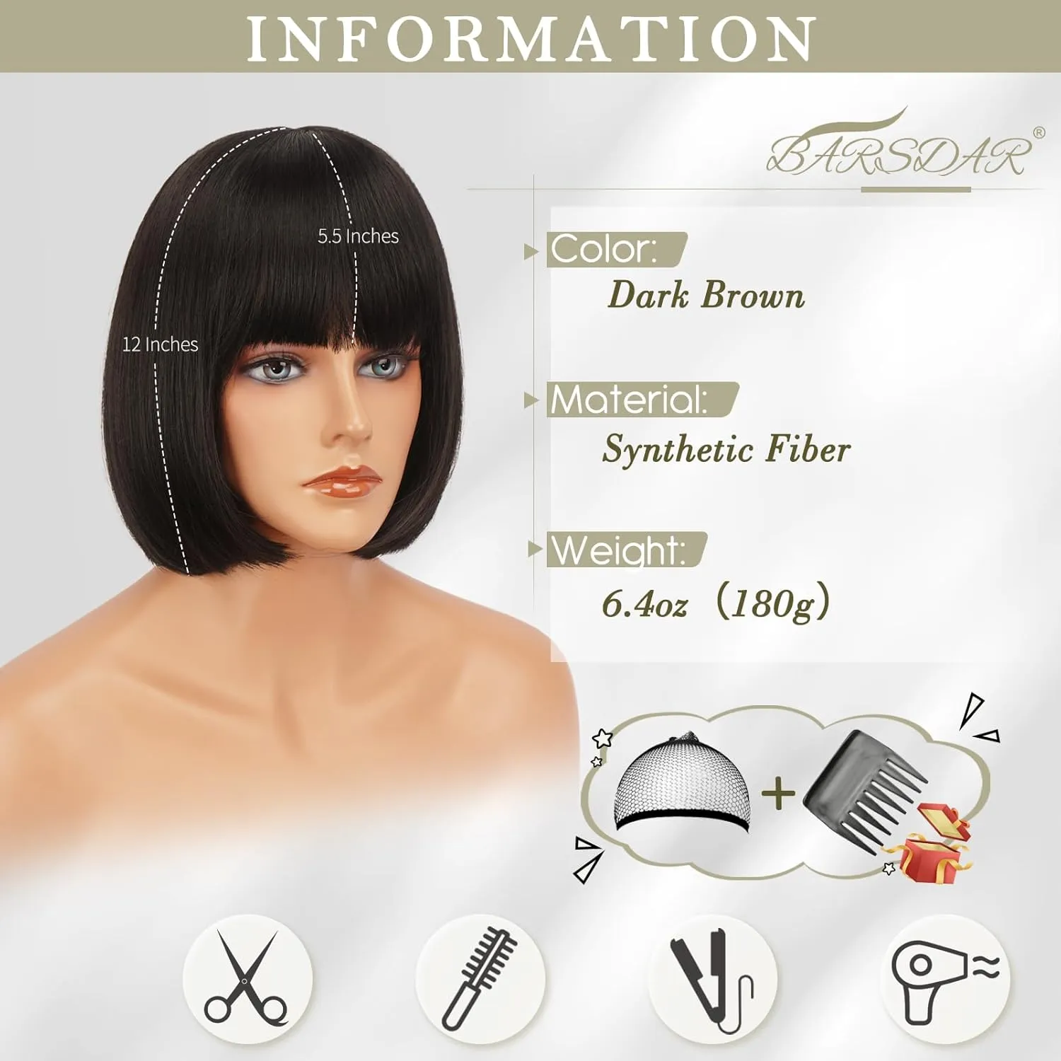 BARSDAR Short Bob Wig with Bangs - 12 Inch Dark Brown Chin-Length Short Bob Bangs Wig for Women - Natural Looking Synthetic Hair Replacement Wigs Mathilda Costume Party Bob Wigs