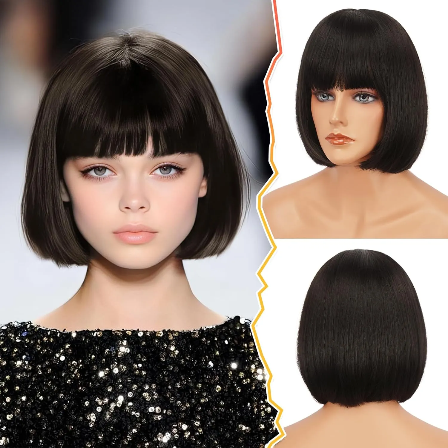 BARSDAR Short Bob Wig with Bangs - 12 Inch Dark Brown Chin-Length Short Bob Bangs Wig for Women - Natural Looking Synthetic Hair Replacement Wigs Mathilda Costume Party Bob Wigs