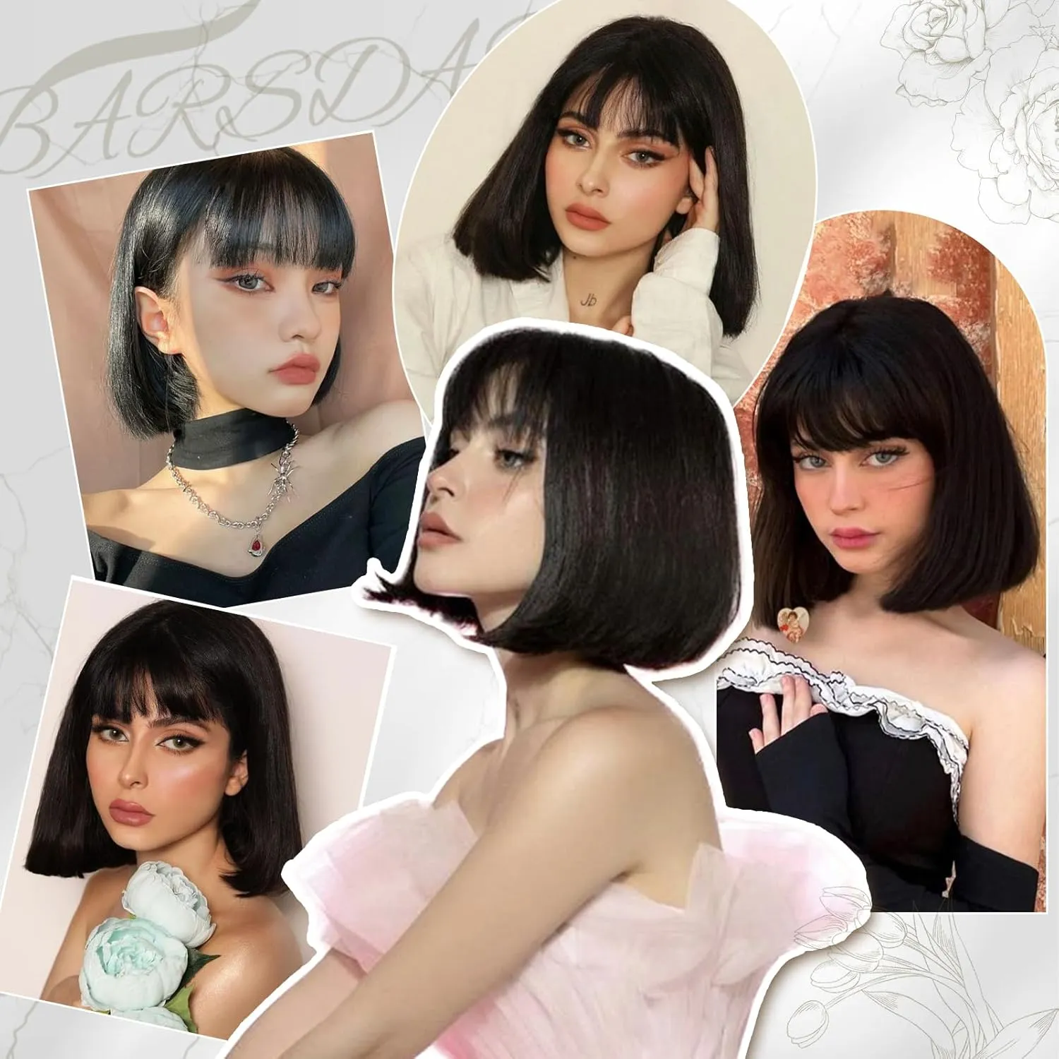 BARSDAR Short Bob Wig with Bangs - 12 Inch Dark Brown Chin-Length Short Bob Bangs Wig for Women - Natural Looking Synthetic Hair Replacement Wigs Mathilda Costume Party Bob Wigs