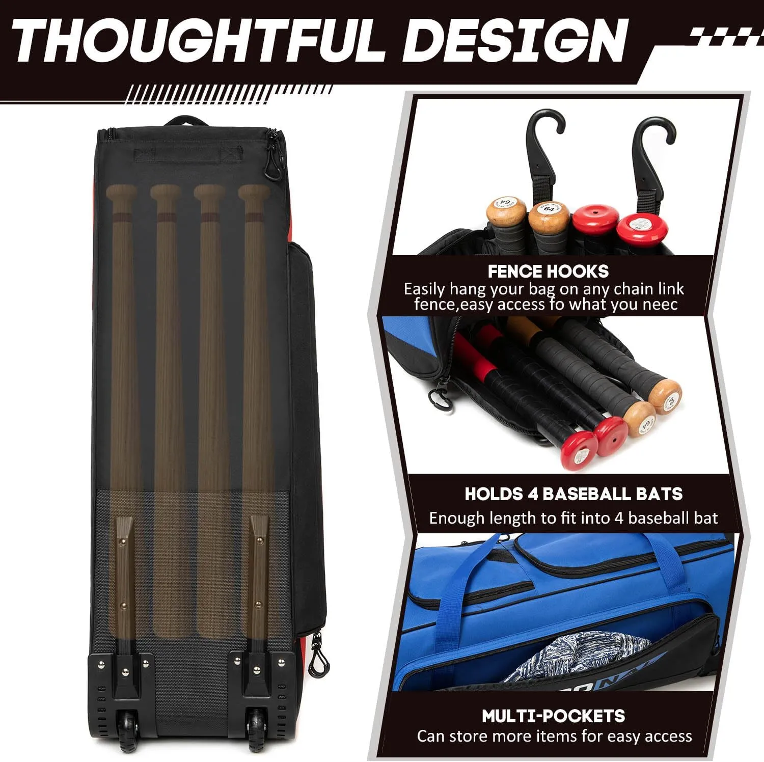 Baseball Bag with Wheels for 4 Bats,Soft Rolling Baseball Bag With Multi-Pockets, Fence Hook, Holds All Baseball Equipment.