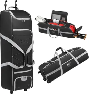 Baseball Catcher's Bag with Wheels for 4 Bats, Baseball Bag for Softball Equipment, Catchers Bag with Separate Shoe Space & Multi-Pockets,Soft Bag Has Fence Hook,Gift for Father's Day