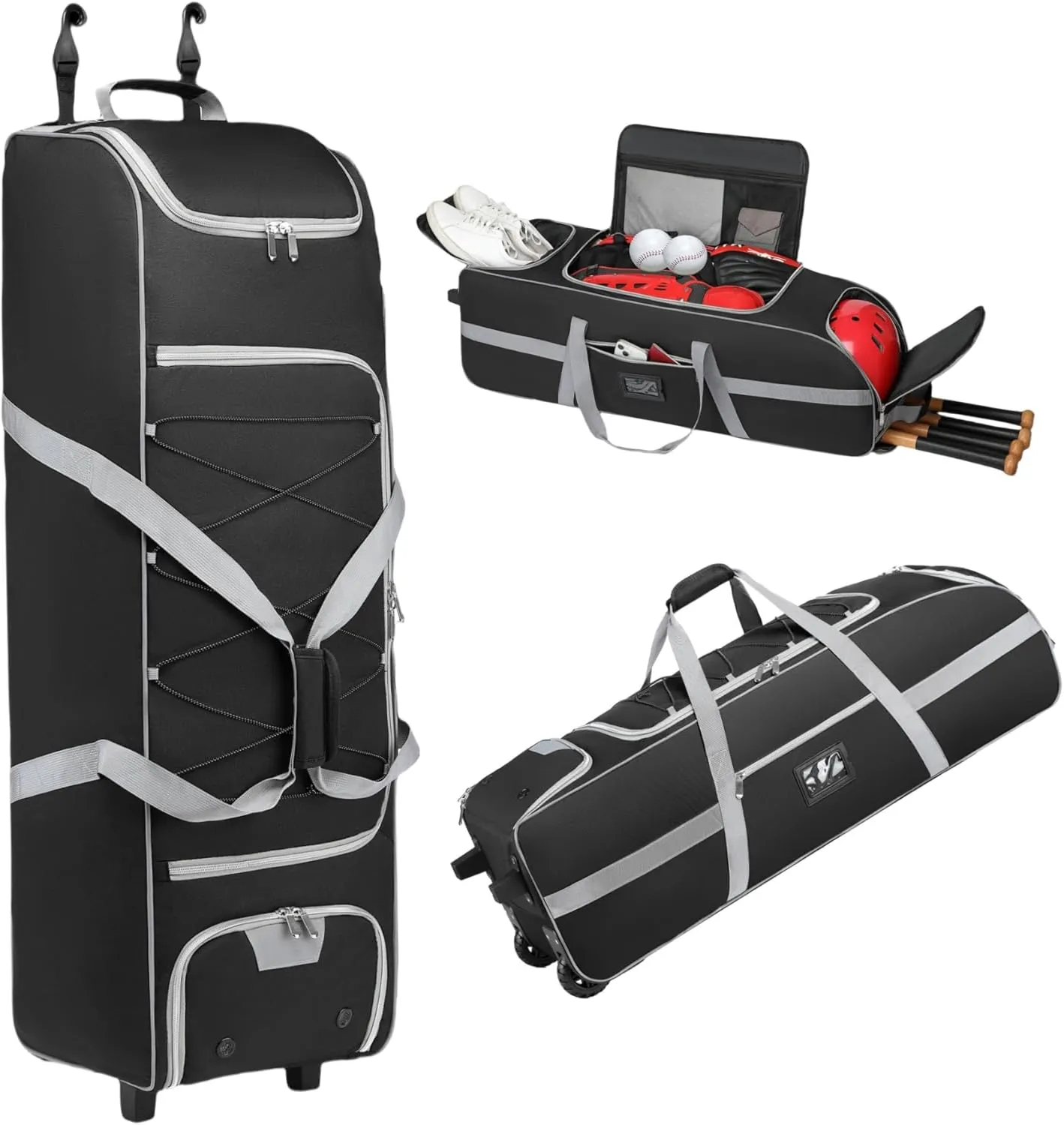 Baseball Catcher's Bag with Wheels for 4 Bats, Baseball Bag for Softball Equipment, Catchers Bag with Separate Shoe Space & Multi-Pockets,Soft Bag Has Fence Hook,Gift for Father's Day