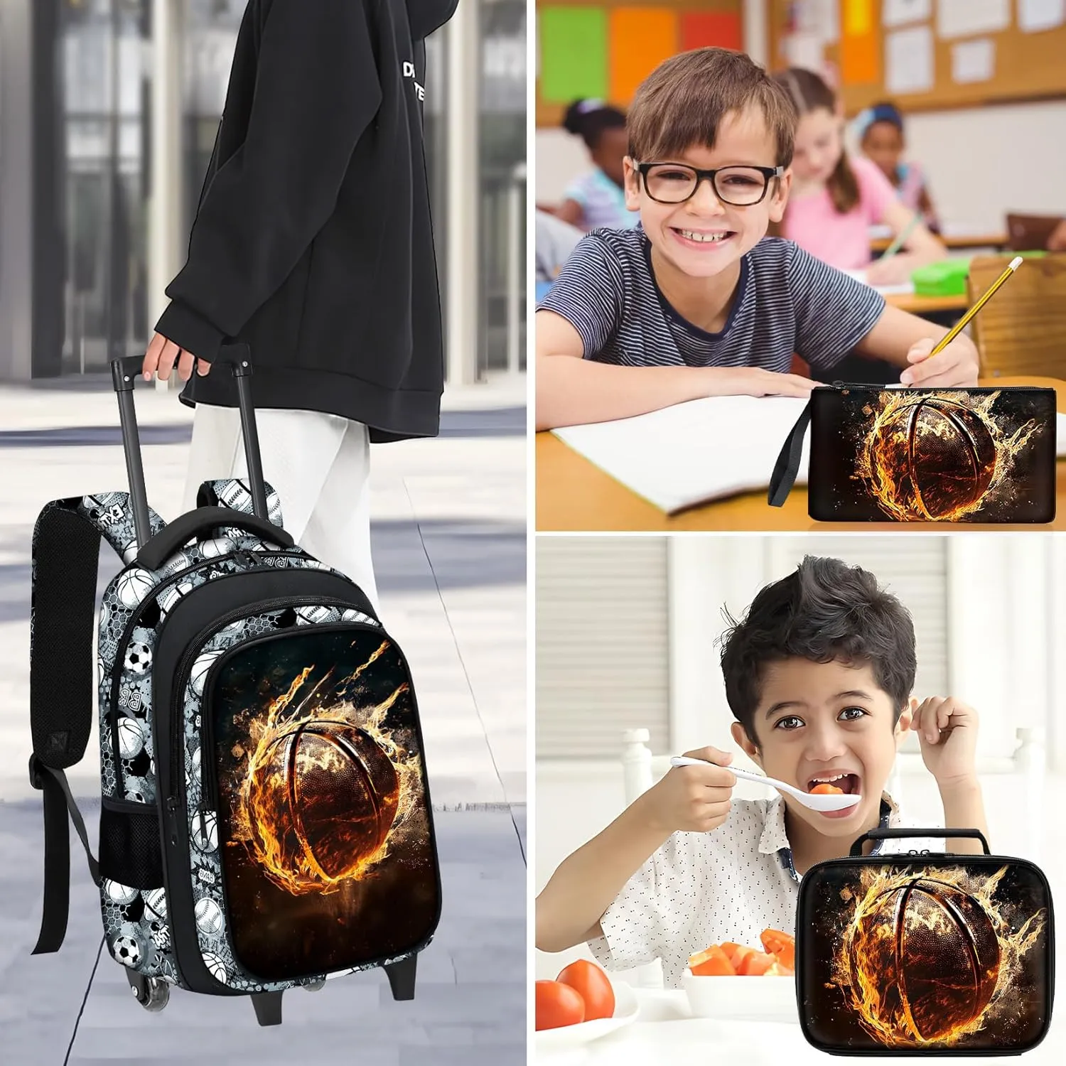 Basketball Rolling Backpack for Boys - 3PCS Boys Rolling Backpack with Lunch Box Set for Kids Children Teens Elementary Middle School,Sport Roller Bookbag with Wheels for Age 6-18