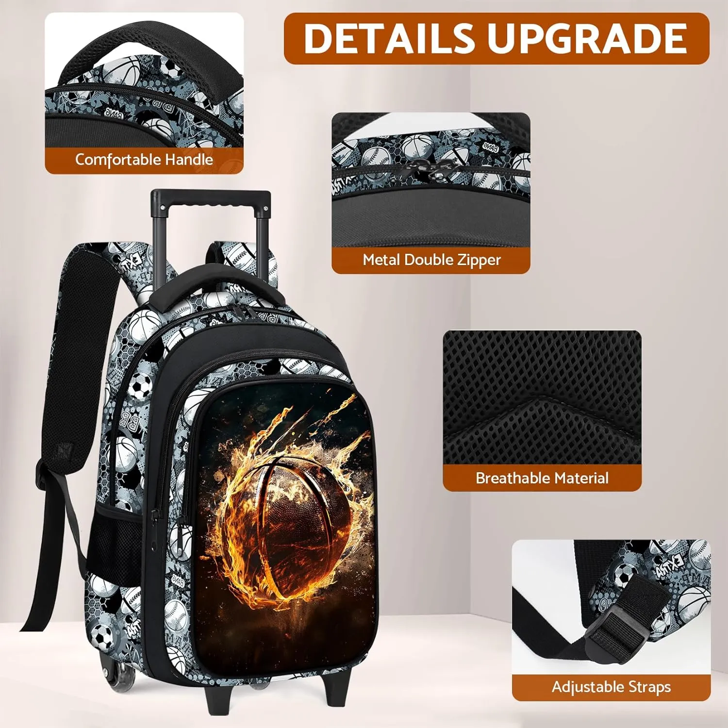 Basketball Rolling Backpack for Boys - 3PCS Boys Rolling Backpack with Lunch Box Set for Kids Children Teens Elementary Middle School,Sport Roller Bookbag with Wheels for Age 6-18