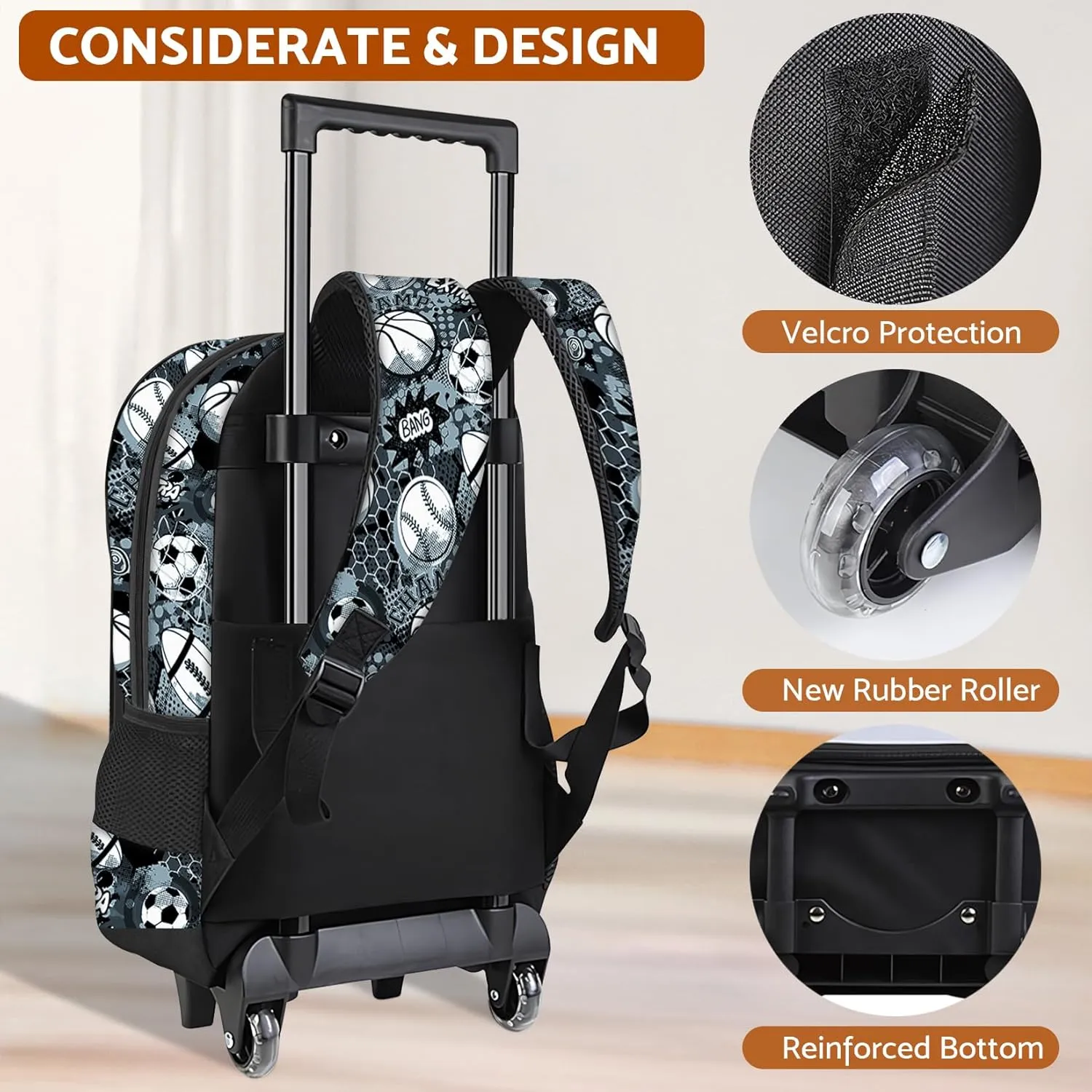 Basketball Rolling Backpack for Boys - 3PCS Boys Rolling Backpack with Lunch Box Set for Kids Children Teens Elementary Middle School,Sport Roller Bookbag with Wheels for Age 6-18