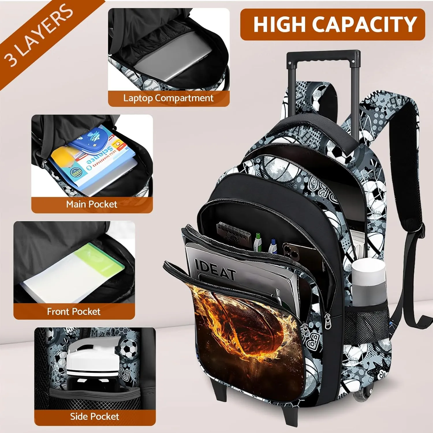 Basketball Rolling Backpack for Boys - 3PCS Boys Rolling Backpack with Lunch Box Set for Kids Children Teens Elementary Middle School,Sport Roller Bookbag with Wheels for Age 6-18