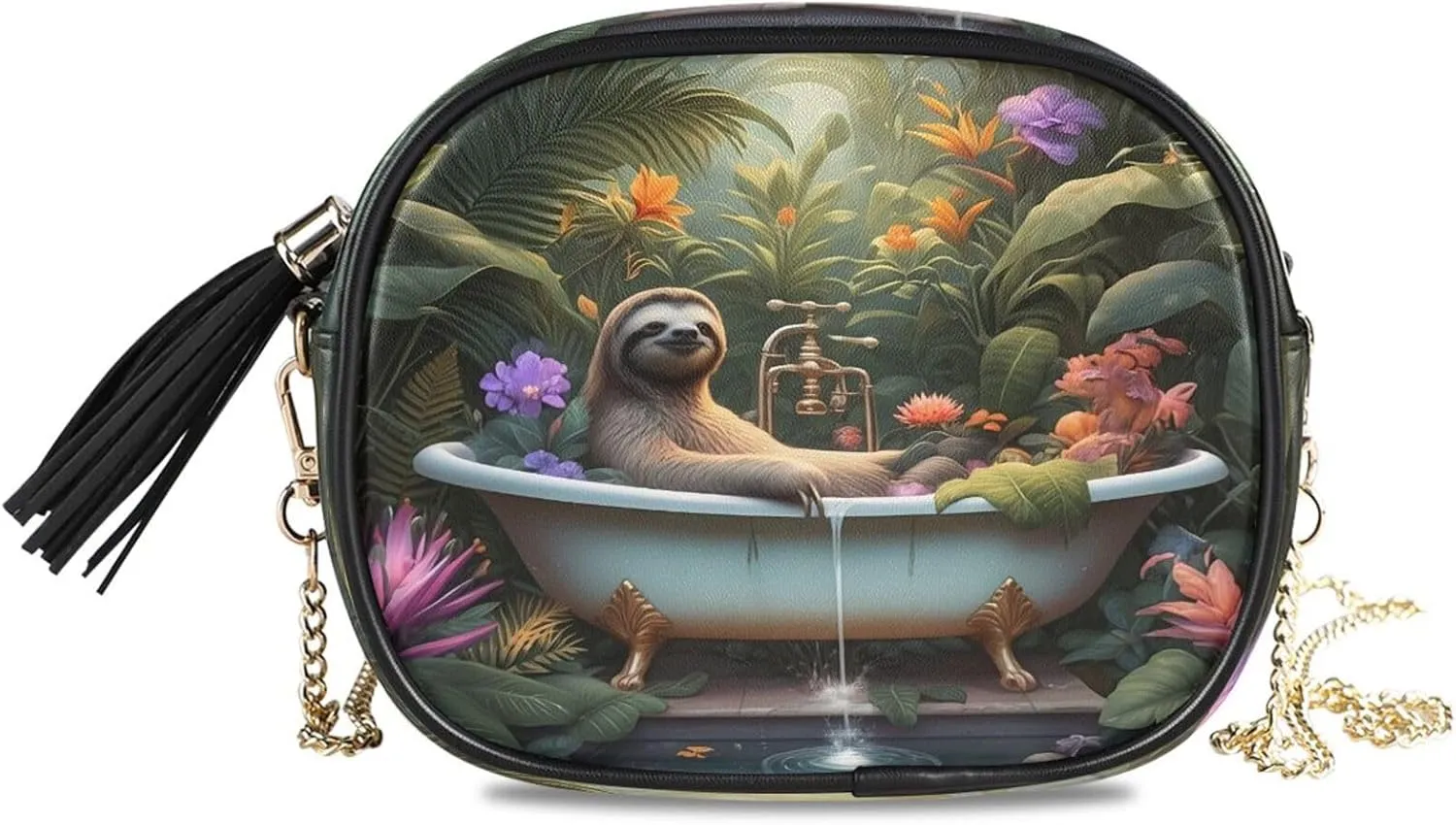 Bathtub Sloth Tropical Flowers Crossbody Bags for Women Small Purses Crossbody Bag Leather Handbags Purse with Detachable Chain Clutch Purses Evening Bag Cell Phone Purse