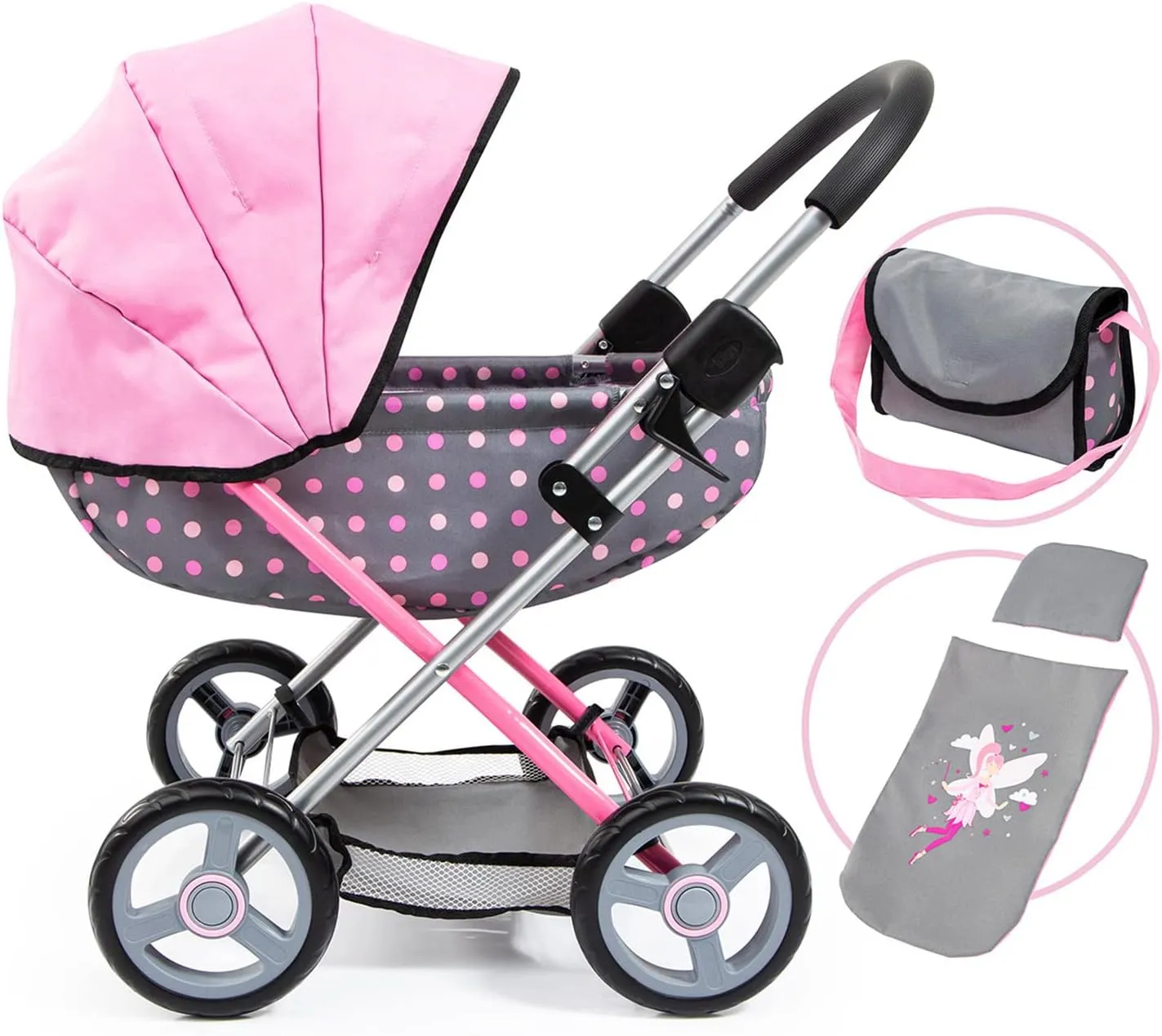 Bayer Design Dolls: Pram Cosy: Fairy Poka Dot Grey Pink - Includes Blanket Pillow Handbag, for Dolls Up to 18", Ages 3 