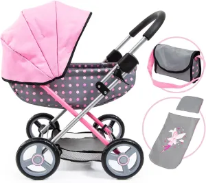 Bayer Design Dolls: Pram Cosy: Fairy Poka Dot Grey Pink - Includes Blanket Pillow Handbag, for Dolls Up to 18", Ages 3 
